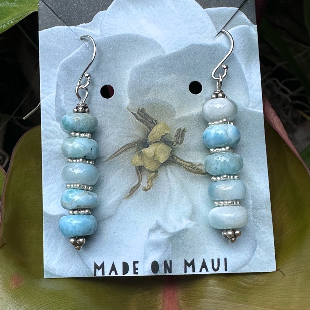 Handmade Larimar Earrings Sky Blue Rondelle 8mm Beads Sterling Silver Hooks
